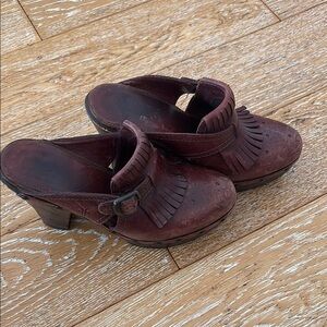 Vintage Frye Brown Leather Mules with Fringe and Wooden Sole